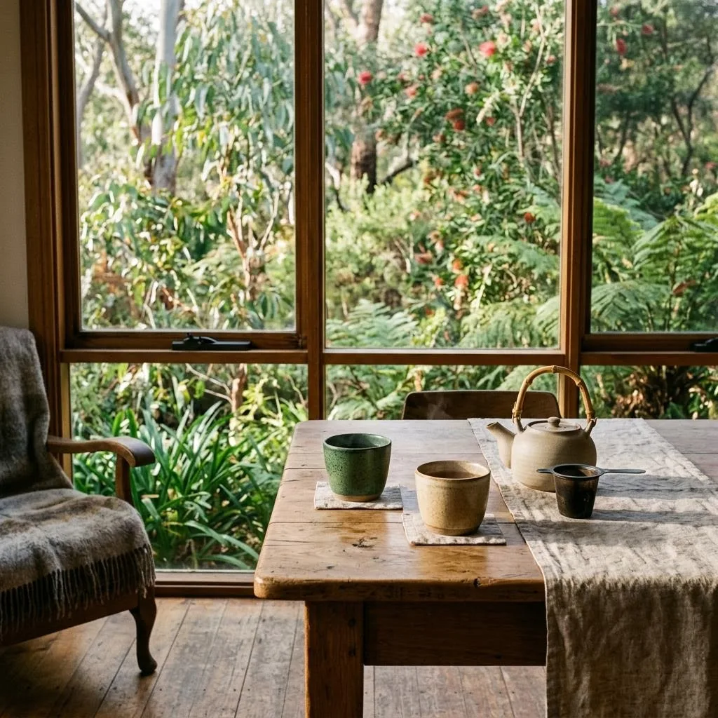 A timber verandah table set for tea overlooking bushland