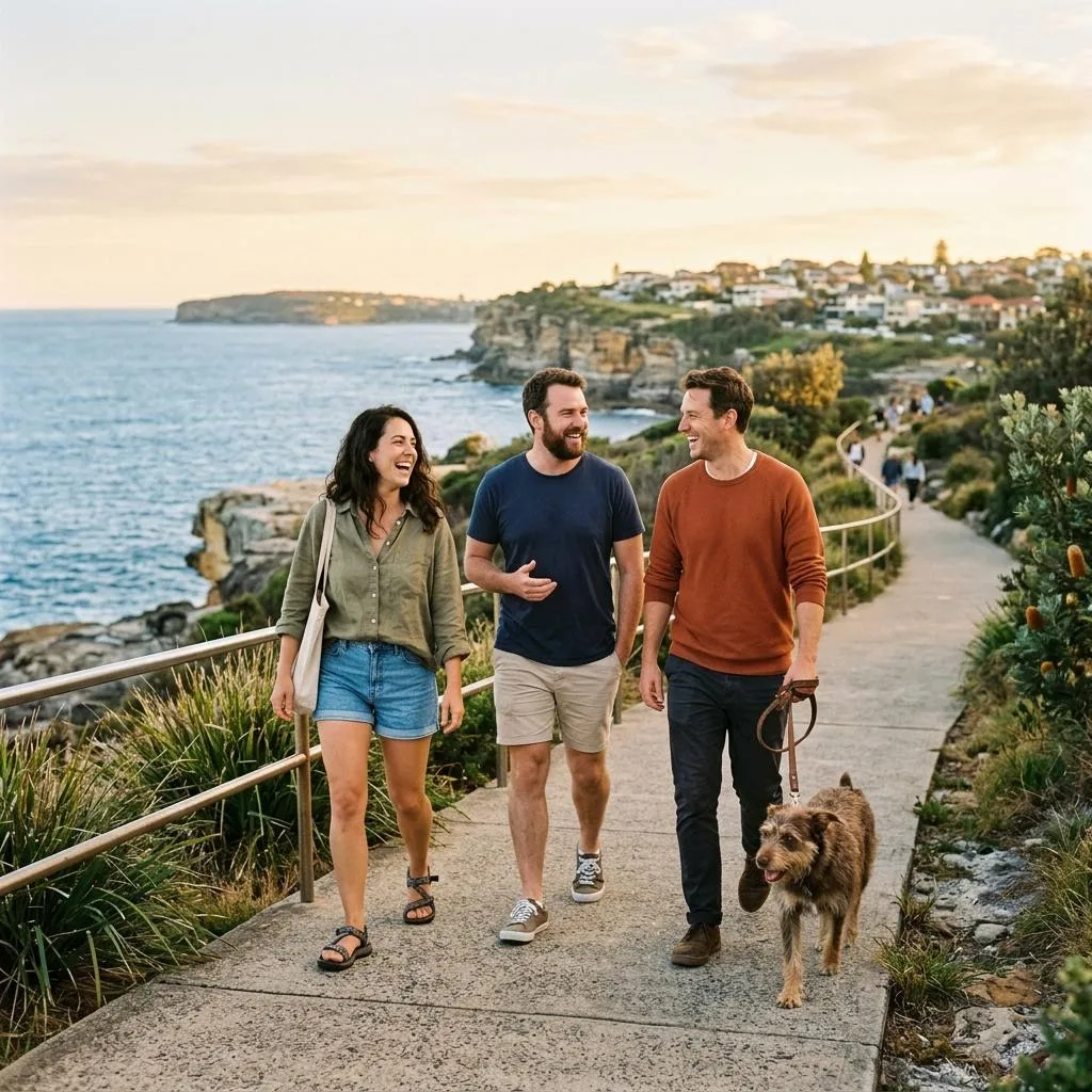 Friends and family walking a dog along a coastal path at sunset