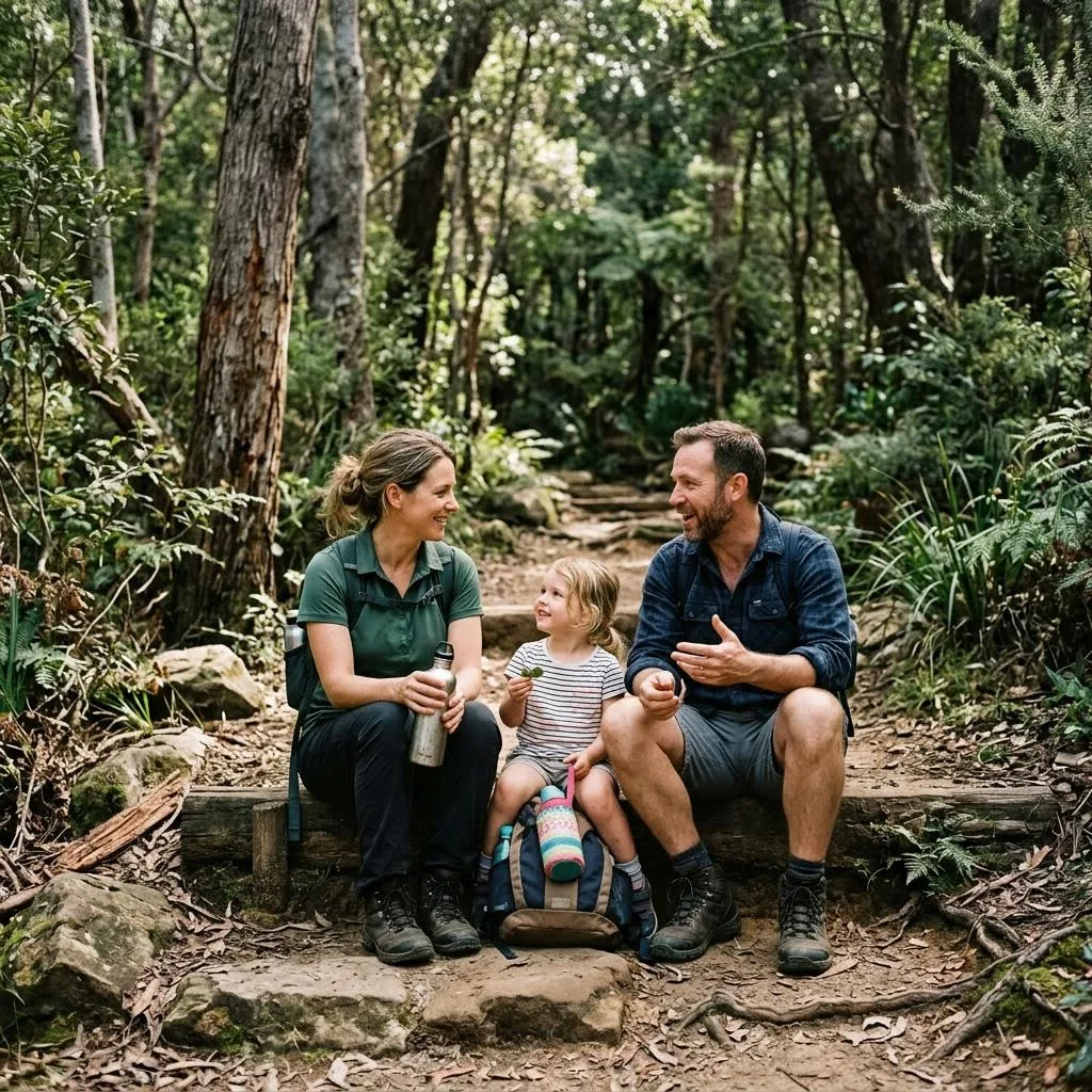 A family resting on a bush track with a young child
