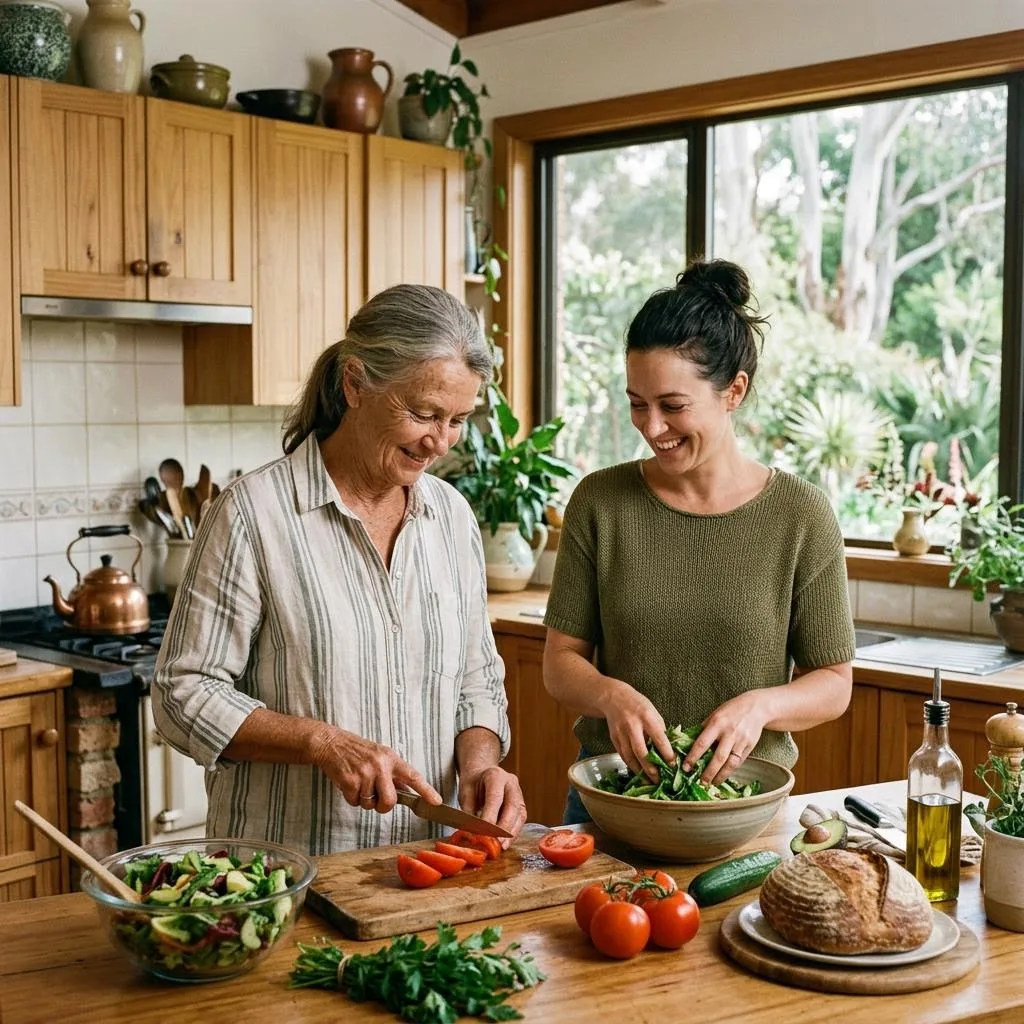 Two women cooking together in a bright kitchen