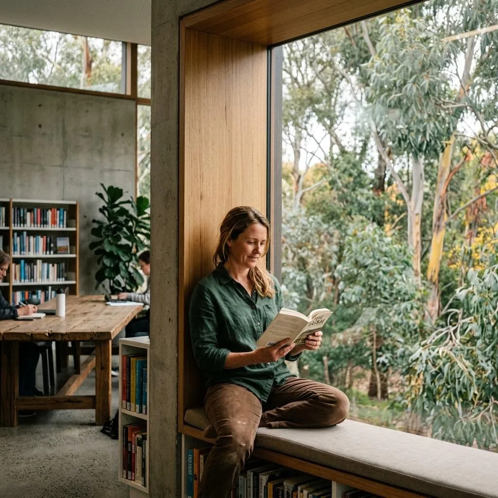 A woman reading on a library window seat