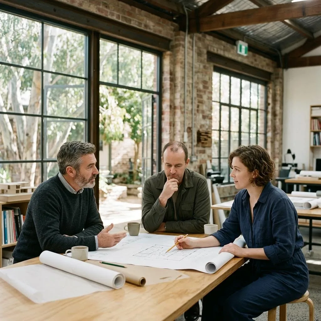 Three people around plans in a light-filled workspace